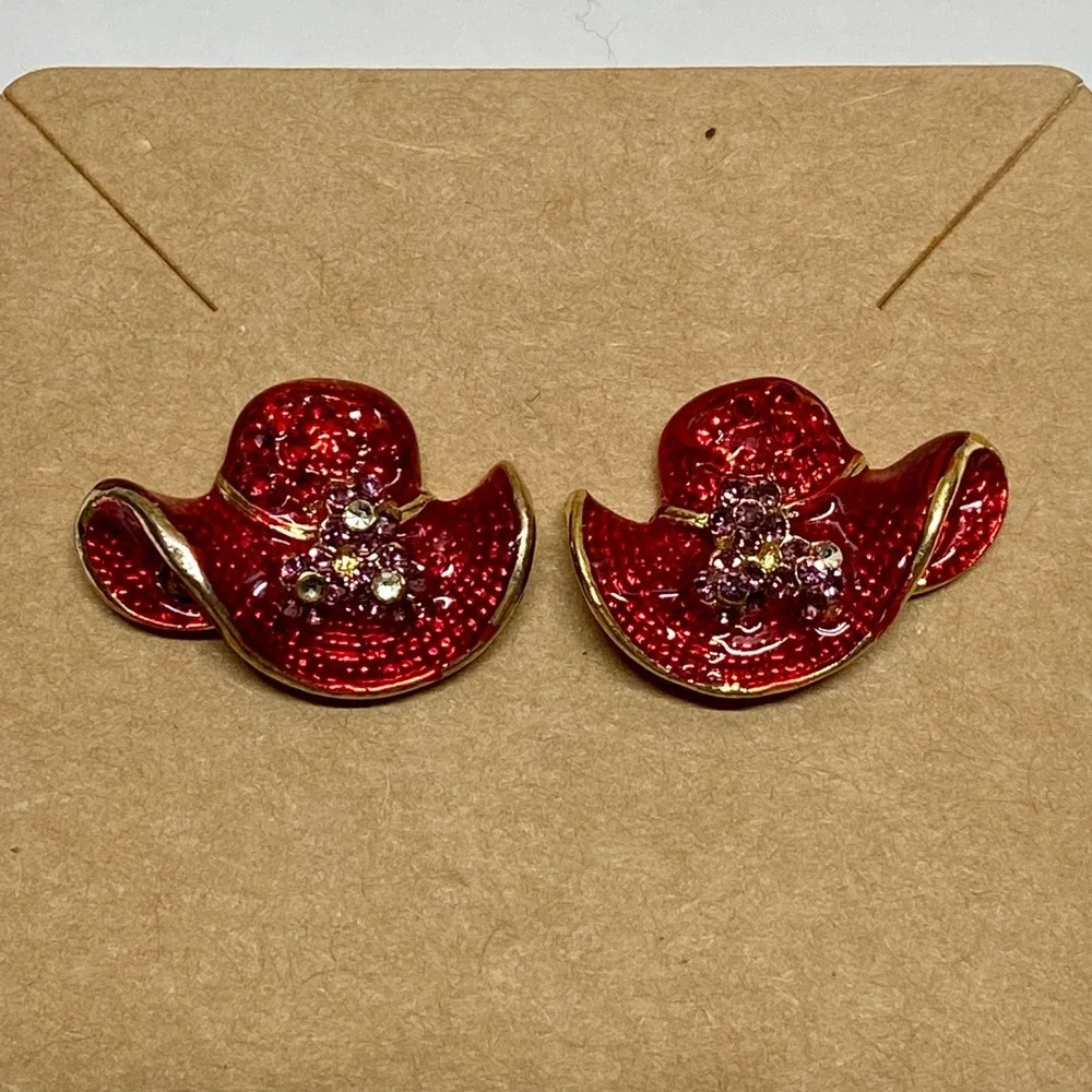 Vintage Red Hat Society Earrings Enameled Rhinestone Gold Tone Pierced Stud Post
